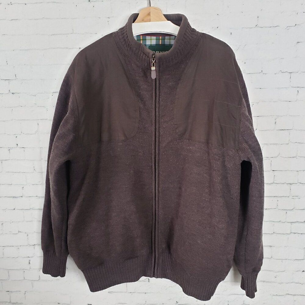 Orvis 100% Wool Bomber Jacket Size L Brown Chest Patches Plaid Lining Full Zip